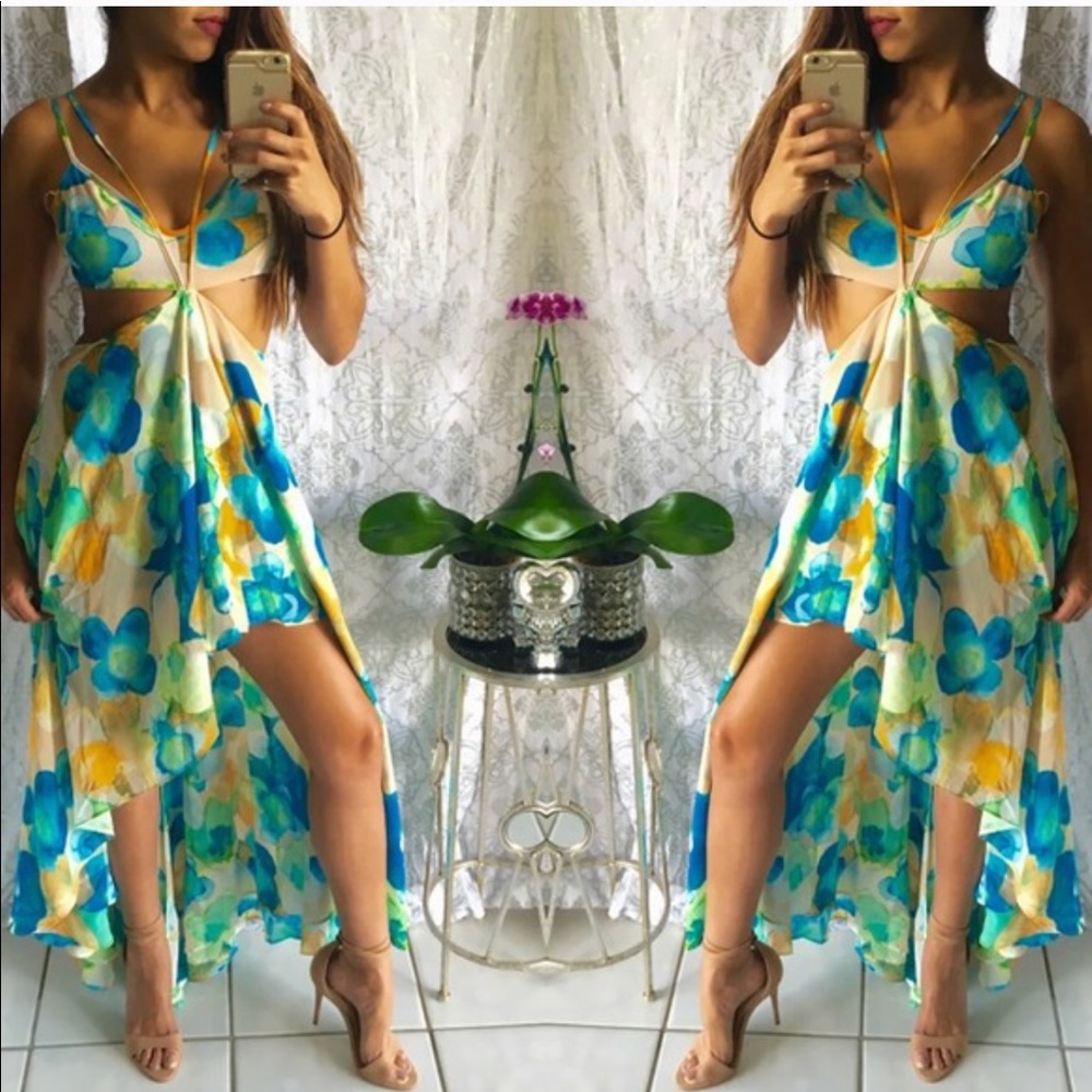Floral Cut Out Condole Belt Draped Maxi Dress